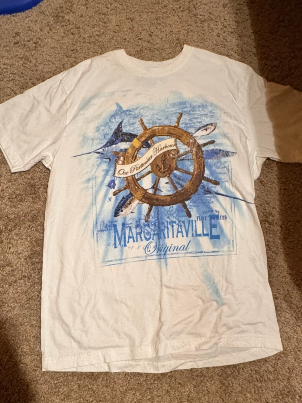 Margaritaville White Short Sleeve Tee with Blue and Brown Nautical Wheel Graphic